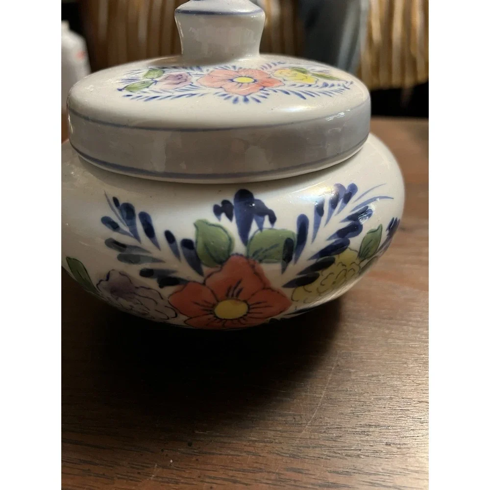 Hand painted Floral Lidded Jar For Jewelry Or Trinkets